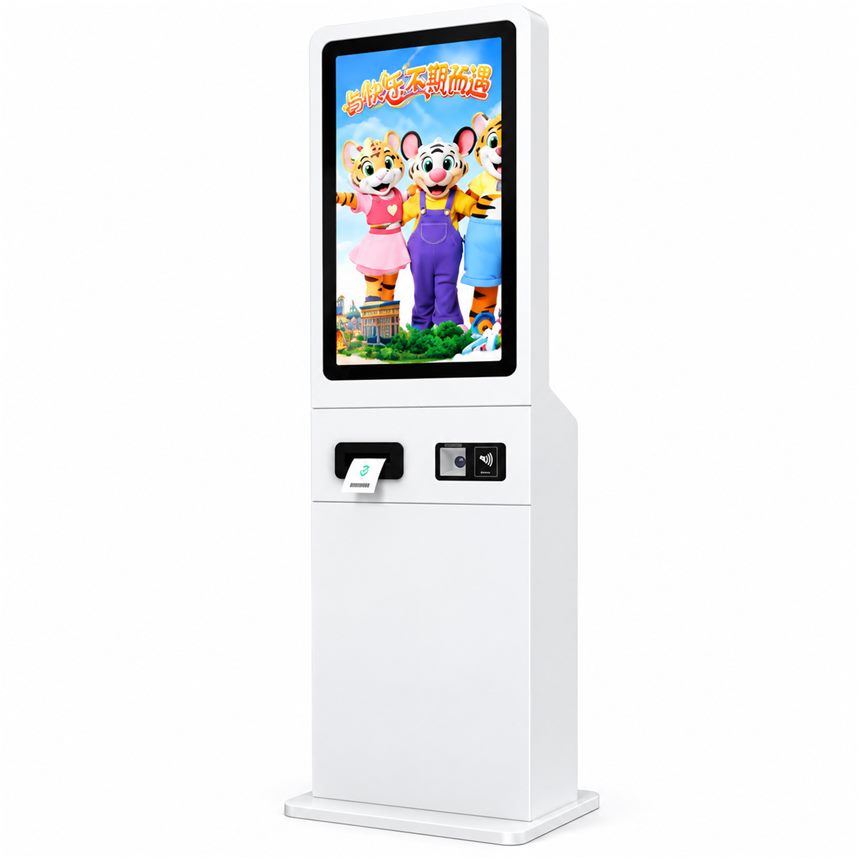 Vertical touchscreen ticketing kiosk with receipt printer and scanner