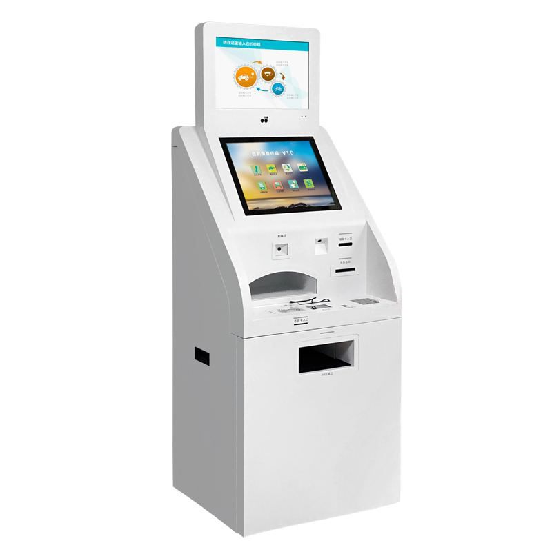 Dual-screen hospital self-service kiosk with large cabinet