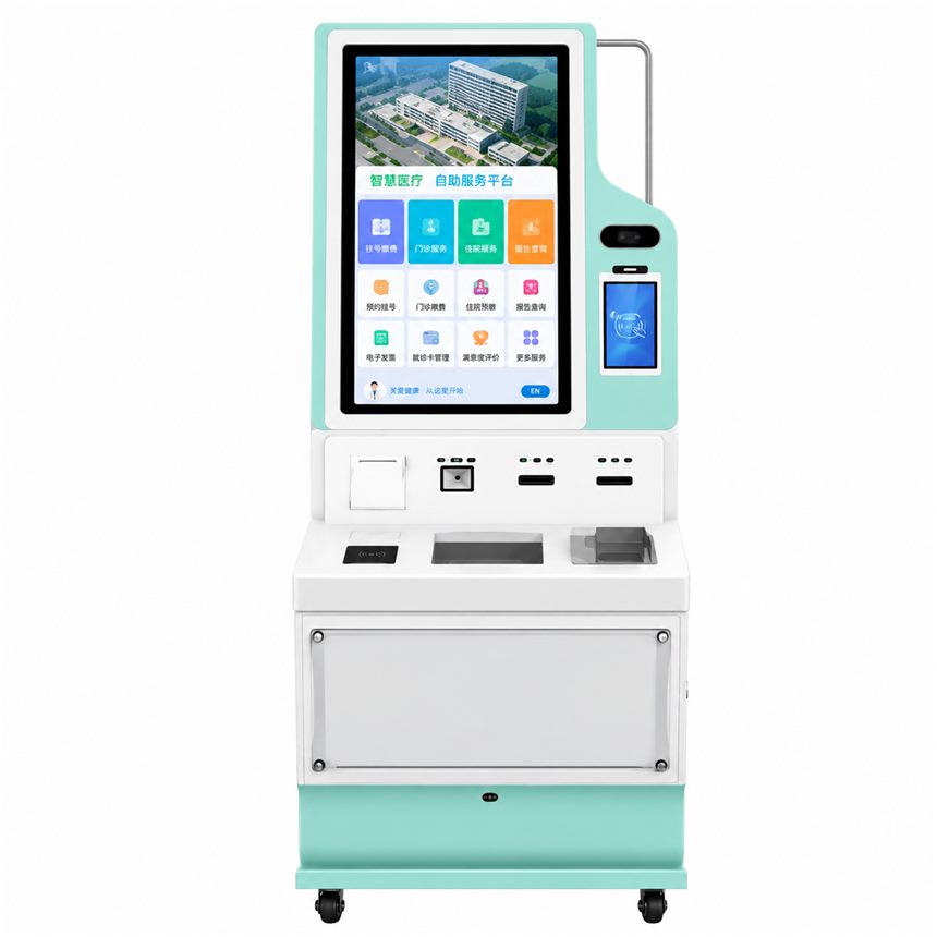 Mobile hospital self-service station with camera column and casters