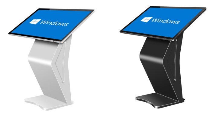 Tilted countertop touch kiosk in light and dark finishes