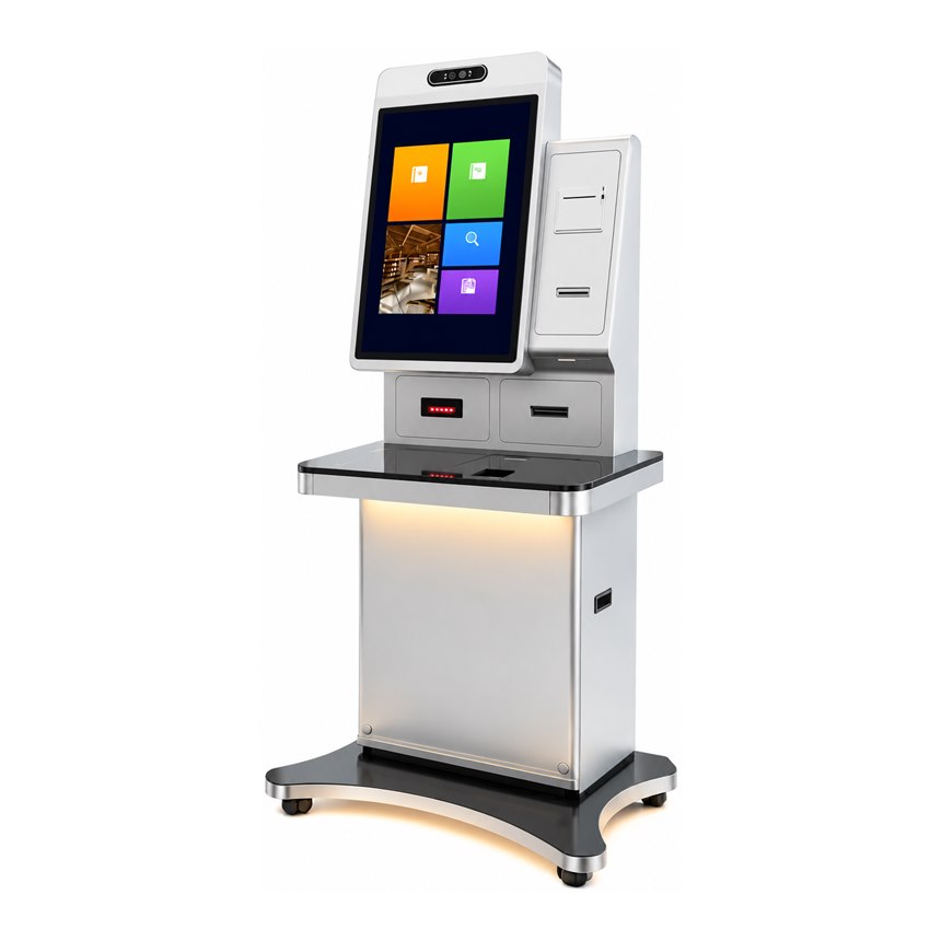 32-inch multi-industry self-service terminal with portrait touchscreen, card reader column and barcode scanner